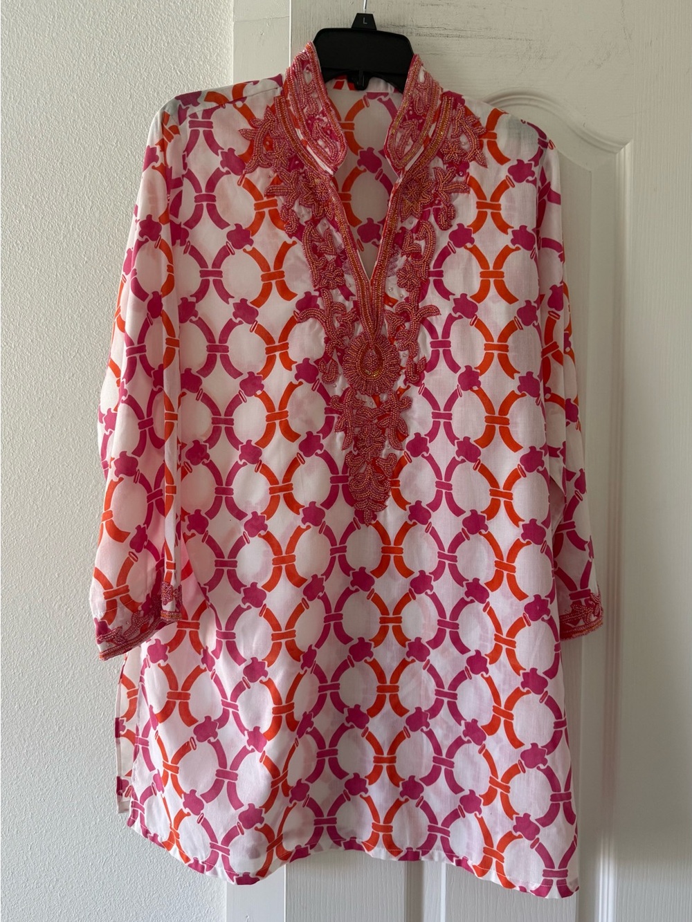 Key Lime & Pink Beaded Tunic L Pink Orange Geometric Boho Cotton